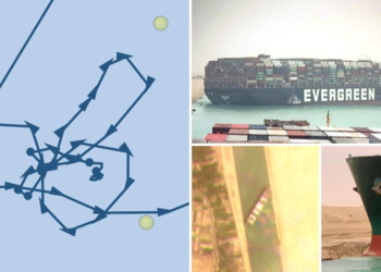 「長賜號」被卡在蘇彝士運河前，其航行路線畫了「一碌鳩」。／美聯社、美國國家環境保護局、Vesselfinder.com