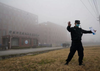 世衛專家小組在湖北實地考察後，一名職員將記者帶離武漢病毒研究所現場。／美聯社